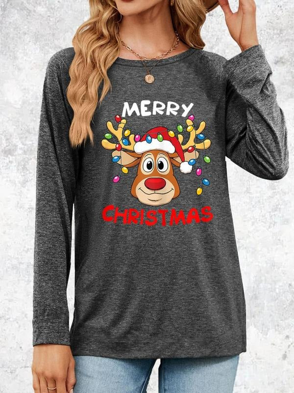 Women'WB shield Christmas Elk Print Round Neck Tee Without Necklace, Womenswear Streetwear Fashion Casual Comfortable FOG...