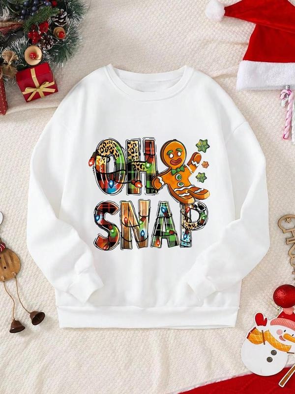 Women'WB shield Christmas Gingerbread GA & Letter Print Drop Shoulder Sweatshirt, Casual Long Sleeve Round Neck Pullover...
