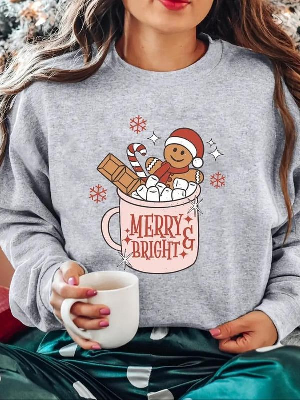 Women'WB shield Christmas Goblet & Gingerbread GA Print Drop Shoulder Sweatshirt, Casual Long Sleeve Round Neck Pullover...