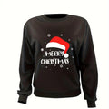 Women'WB shield Christmas Hat & Letter Print Crew Neck Sweatshirt, Casual Drop Shoulder Long Sleeve Pullover, Women'WB...