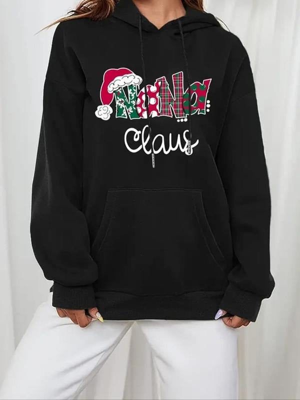 Women'WB shield Christmas Hat & Letter Print Drawstring Hoodie, Swoosh Count Casual Long Sleeve Hooded Sweatshirt for...