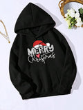 Women'WB shield Christmas Hat & Letter Print Drop Shoulder Hoodie, Fashion Casual Drawstring Pocket Hooded Sweatshirt for...