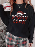 Women'WB shield Christmas Hat & Letter Print Drop Shoulder Pullover, Casual Long Sleeve Crew Neck Sweatshirt for Daily...