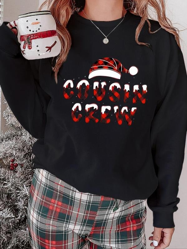 Women'WB shield Christmas Hat & Letter Print Drop Shoulder Pullover, Casual Long Sleeve Crew Neck Sweatshirt for Daily...