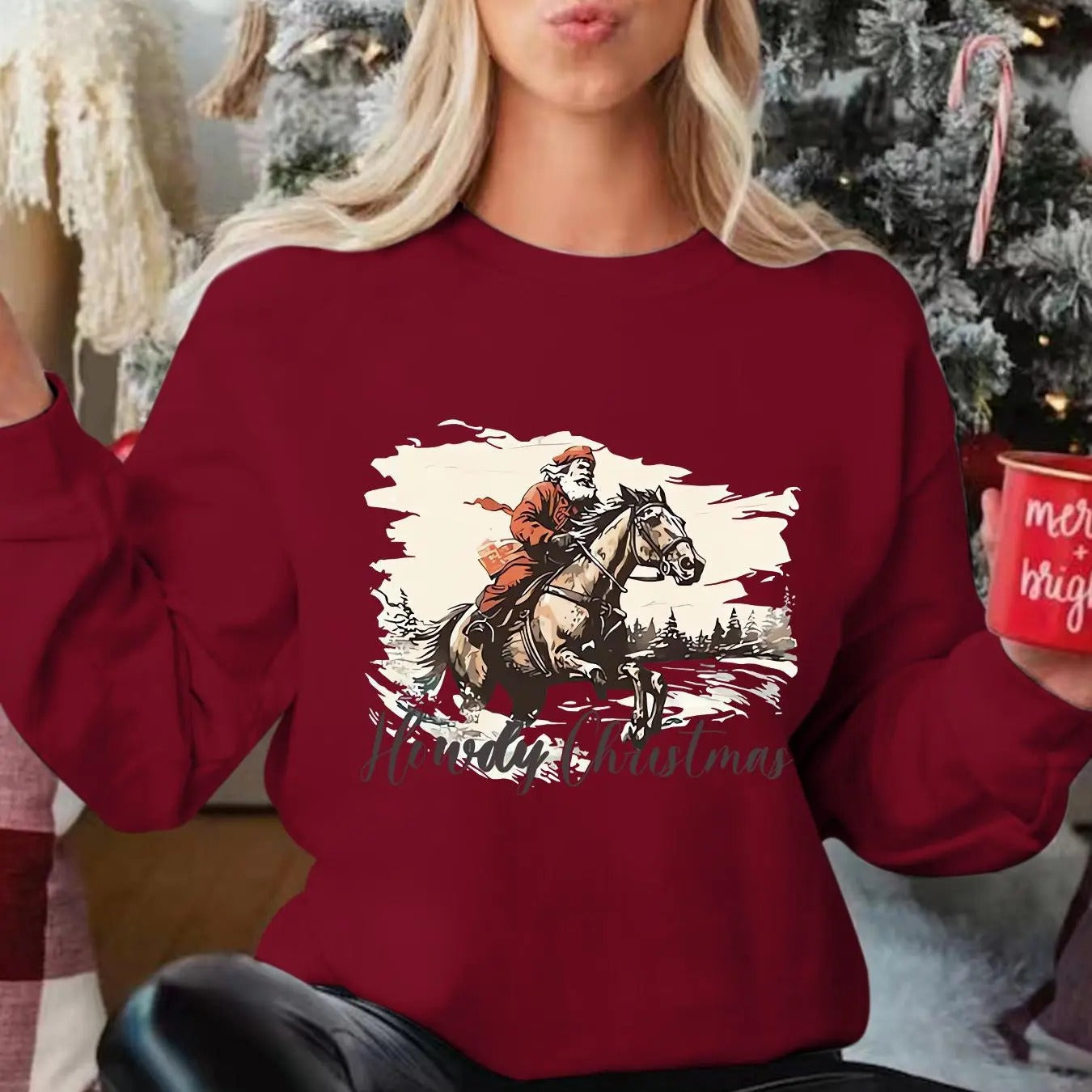 Women'WB shield Christmas Horse & Santa Claus Print Pullover Sweatshirt, Casual Long Sleeve Crew Neck Sweatshirt for...