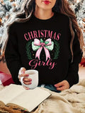 Women'WB shield Christmas Letter & Bow Print Drop Shoulder Sweatshirt, Casual Long Sleeve Round Neck Pullover for Daily...
