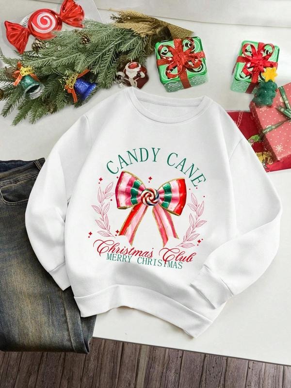 Women'WB shield Christmas Letter & Bow Print Drop Shoulder Sweatshirt, Casual Long Sleeve Round Neck Pullover for Fall &...
