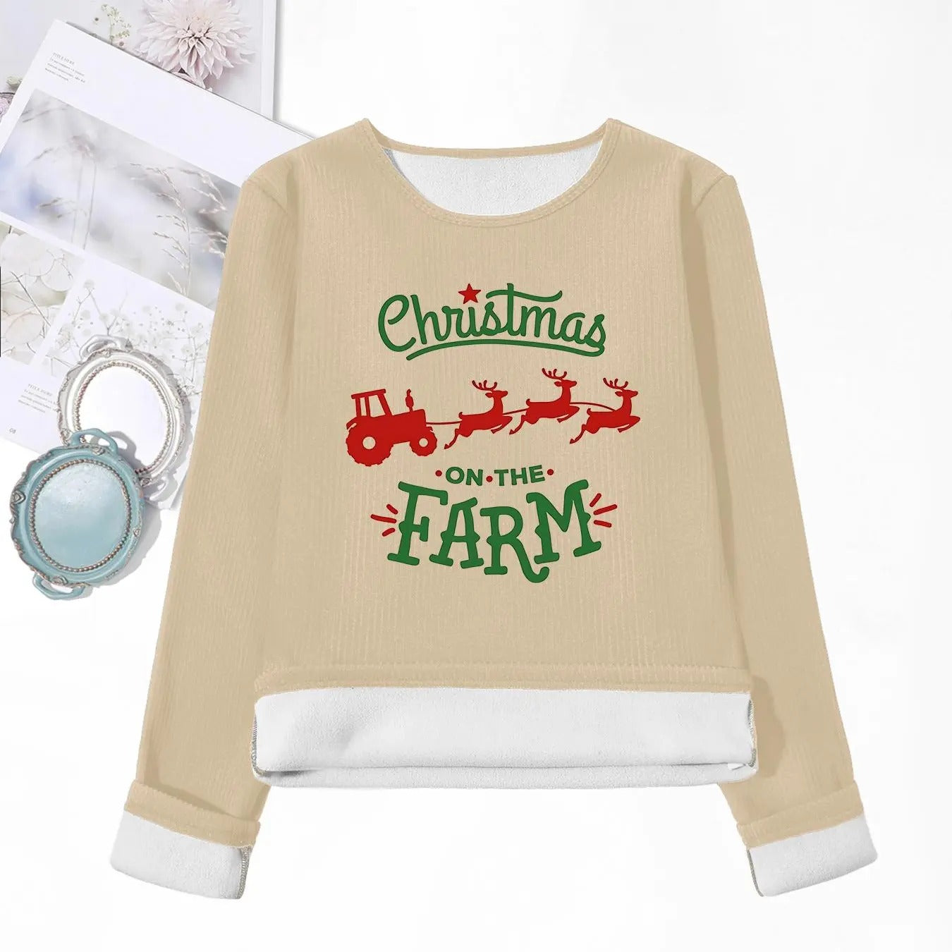 Women'WB shield Christmas Letter & Cartoon Print Round Neck TNF Lined T-shirts, Casual Long Sleeve Crew Neck Tee for Fall...