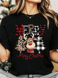 Women'WB shield Christmas Letter & Reindeer & Tree Print Round Neck Tee, Casual Fashion Short Sleeve T-shirt for Summer,...
