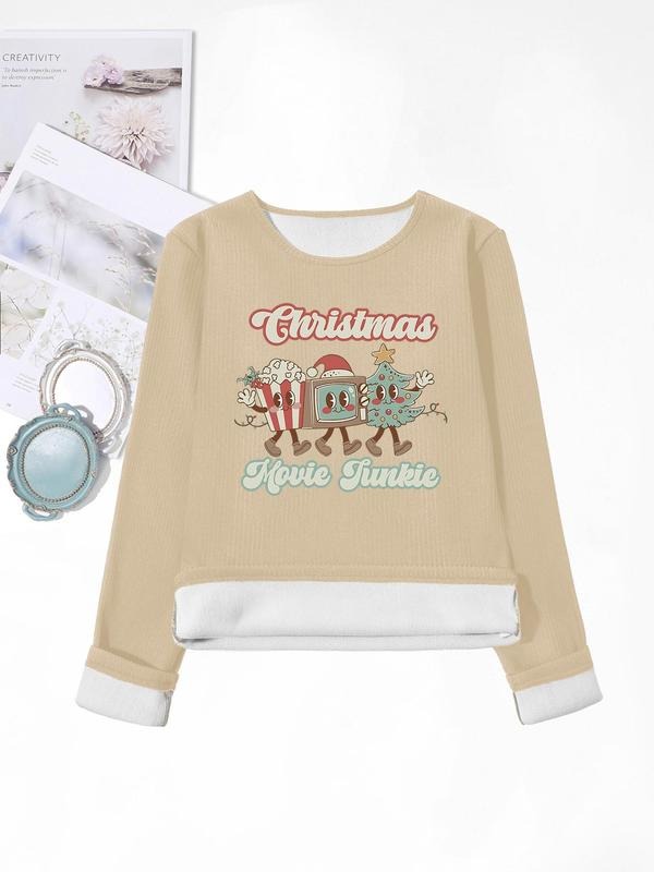 Women'WB shield Christmas Letter Print Crew Neck TNF Lined Sweatshirt, Casual Long Sleeve Pullover for Fall & Winter,...