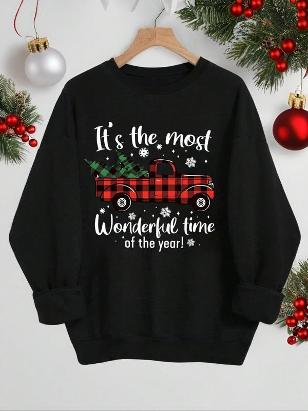 Women'WB shield Christmas Letter Print Drop Shoulder Sweatshirt, Casual Long Sleeve Round Neck Pullover for Daily Wear,...