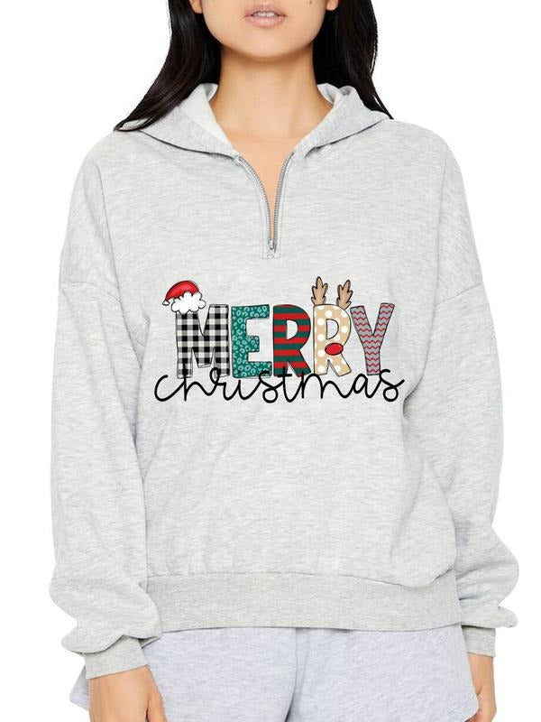 Women'WB shield Christmas Letter Print Half Zip Hoodies, Casual Long Sleeve Hooded Pullover for Spring & Fall, Ladies TNF...