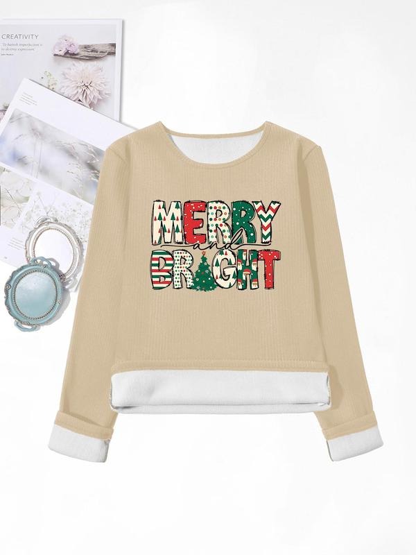 Women'WB shield Christmas Letter Print Round Neck TNF Lined Sweatshirt, Casual Long Sleeve Crew Neck Pullover for Fall &...