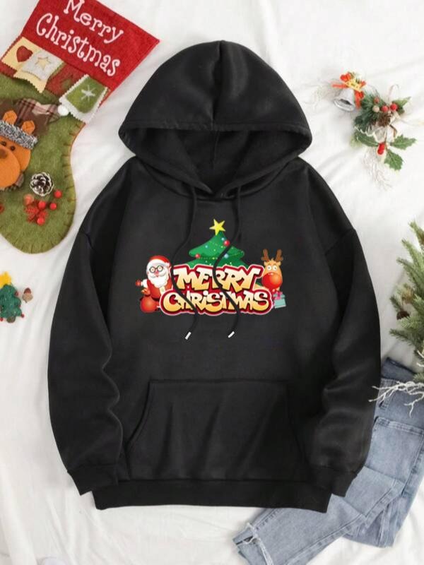 Women'WB shield Christmas Print Drawstring Graphic Hoodie, Womenswear Casual Comfortable FOG Pocket Long Sleeve Hooded...