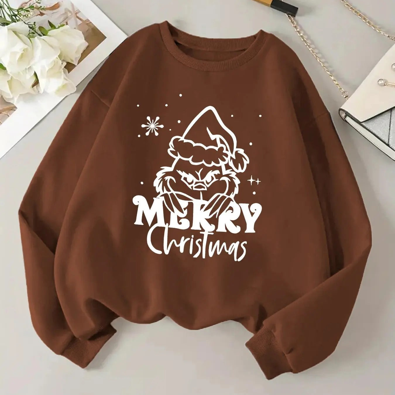 Women'WB shield Christmas Print Round Neck Sweatshirt, Casual Long Sleeve Crew Neck Pullover for Daily Wear, Ladies TNF...