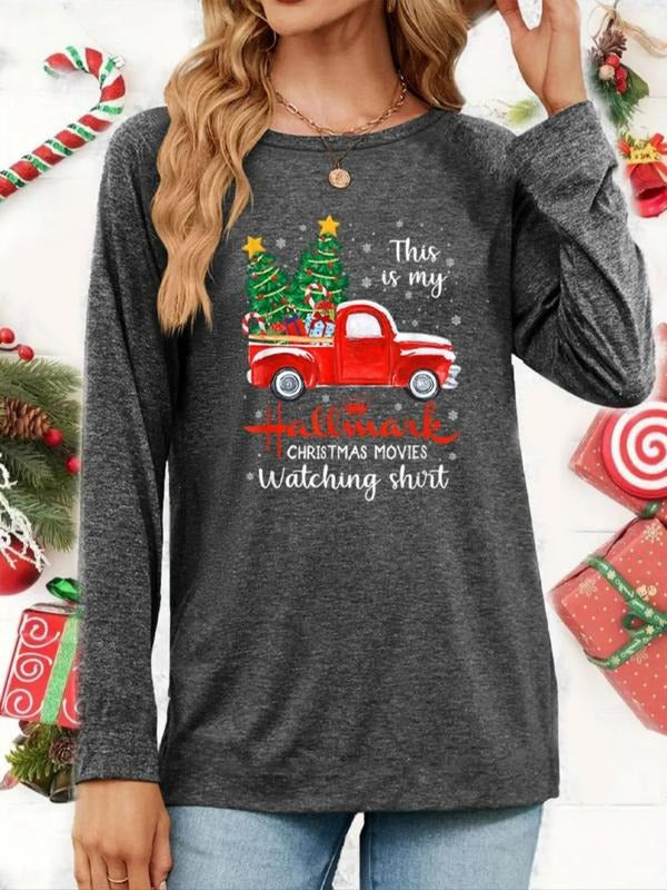 Women'WB shield Christmas Print Round Neck Tee, Long Sleeve Crew Neck Graphic T-Shirt, Casual Comfy Top for Spring & Fall...