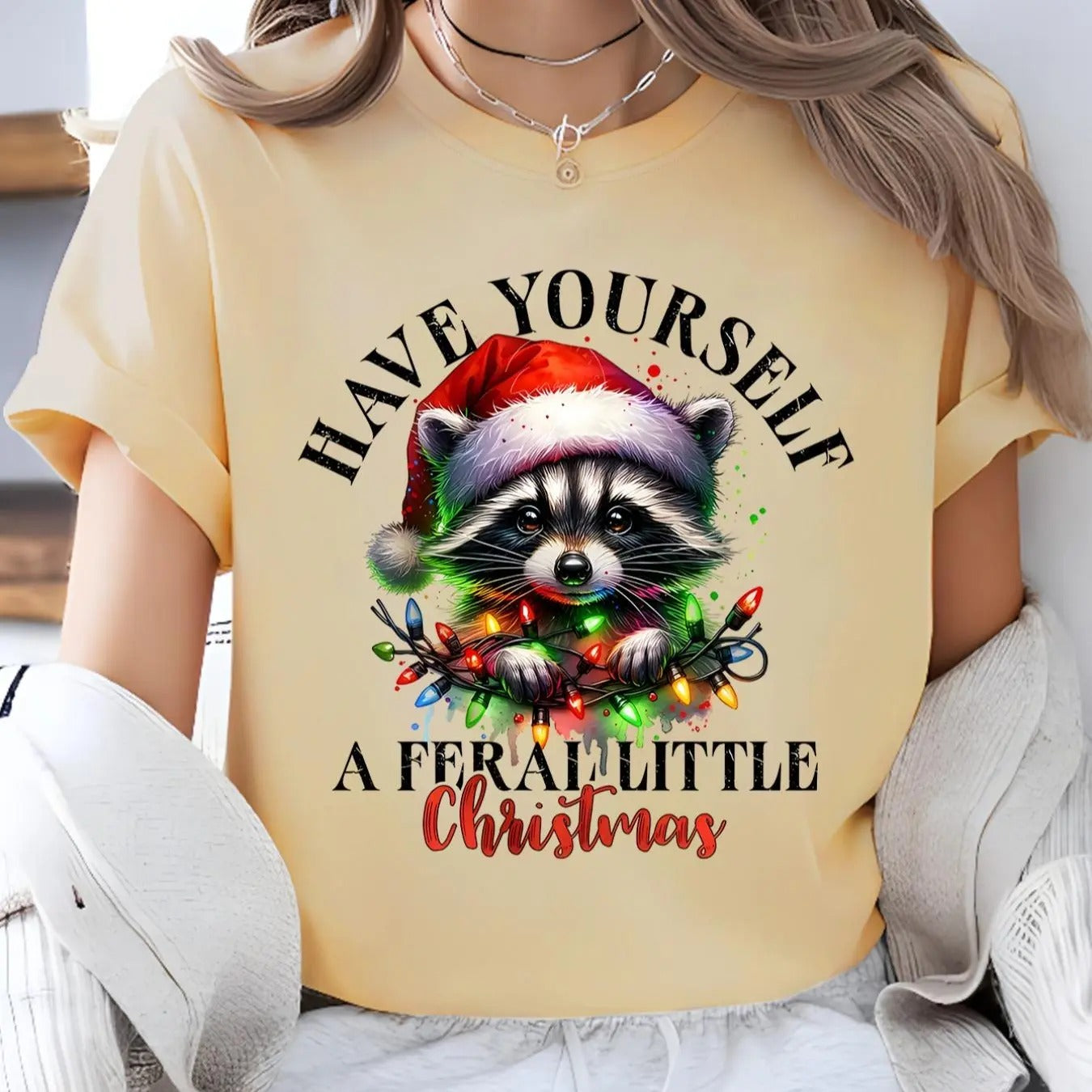 Women'WB shield Christmas Raccoon & Letter Print Round Neck Tee, Casual Short Sleeve Crew Neck T-shirt for Daily Holiday...