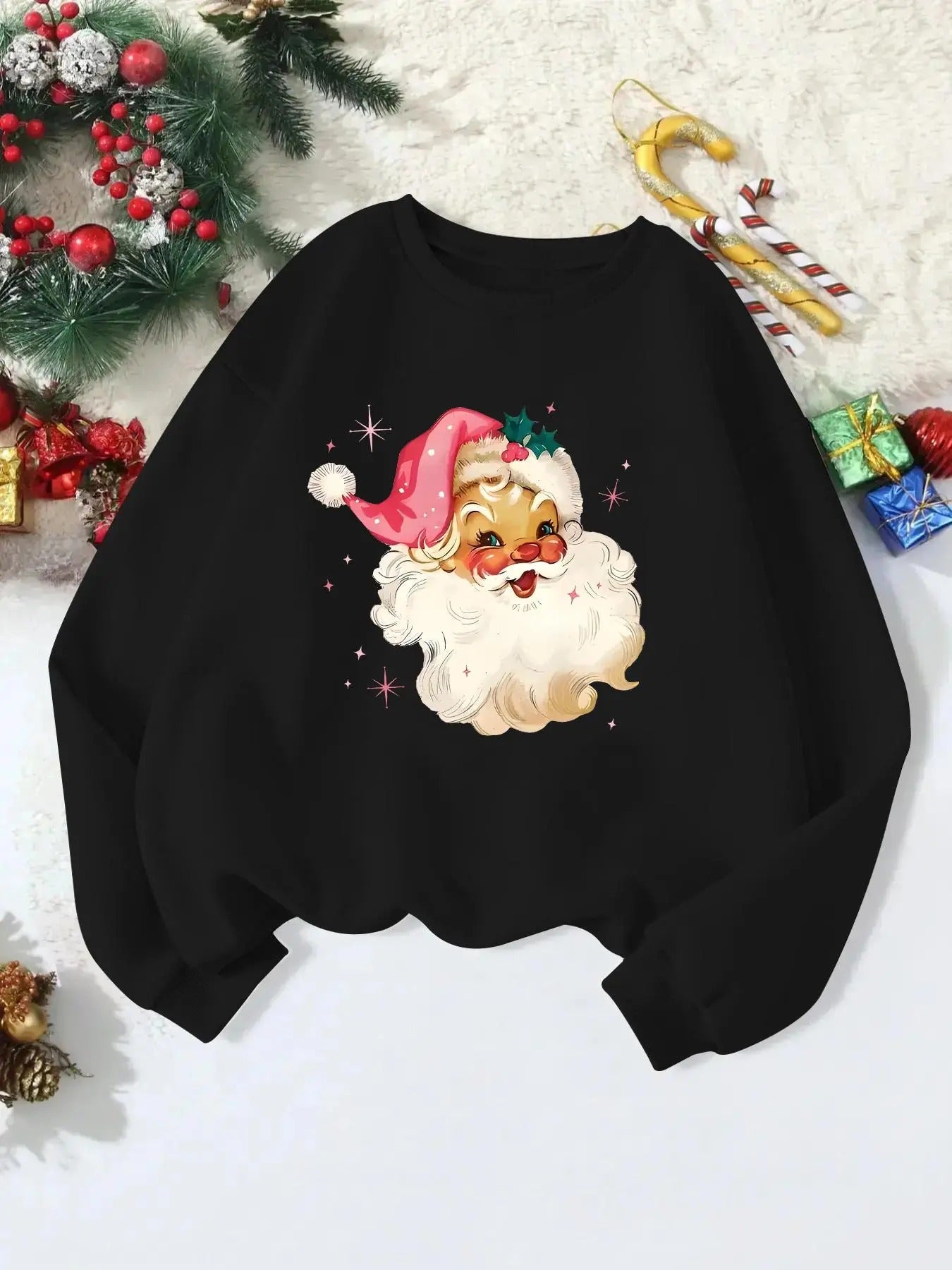 Women'WB shield Christmas Santa Claus Print Crew Neck Sweatshirt, Casual Long Sleeve Pullover for Spring & Fall, Ladies...
