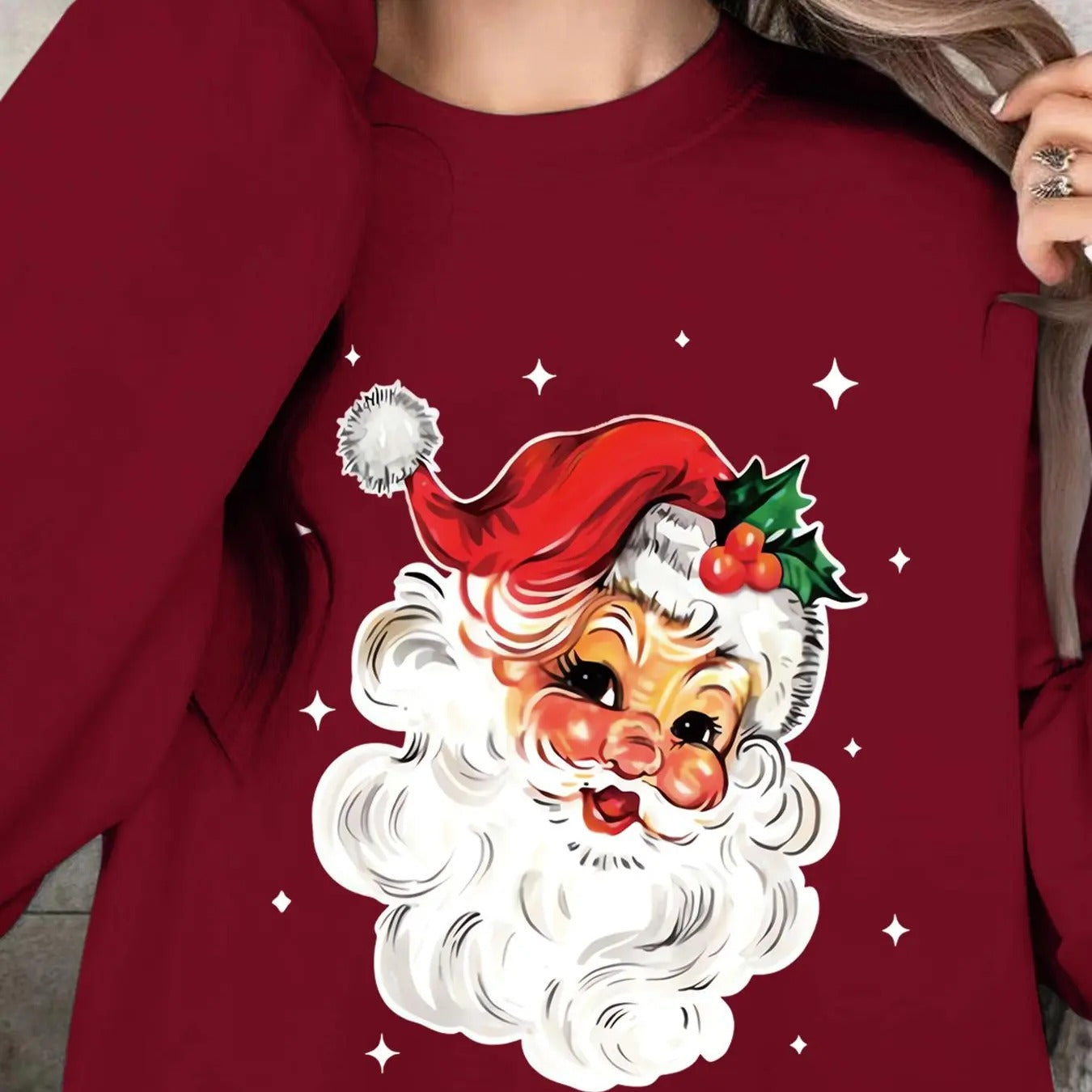 Women'WB shield Christmas Santa Claus Print Drop Shoulder Sweatshirt, Casual Long Sleeve Round Neck Pullover for Spring &...