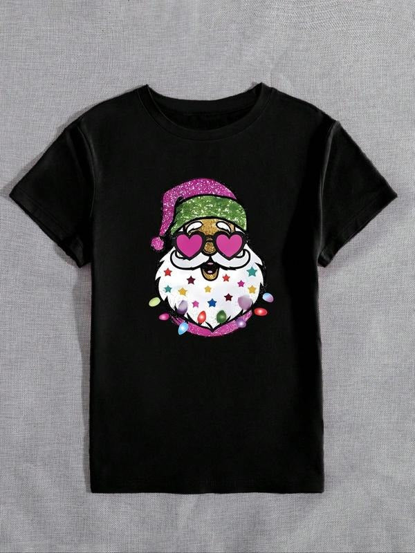 Women'WB shield Christmas Santa Claus Print Round Neck Tee, Fashion Casual Short Sleeve T-shirt, Ladies Summer TNF for...