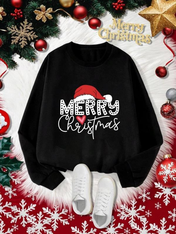Women'WB shield Christmas Slogan Print Drop Shoulder Sweatshirt, Casual Long Sleeve Round Neck Pullover for Daily Wear,...