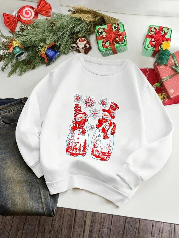 Women'WB shield Christmas Snowman Print Christmas Drop Shoulder Sweatshirt, Casual Long Sleeve Round Neck Pullover for...