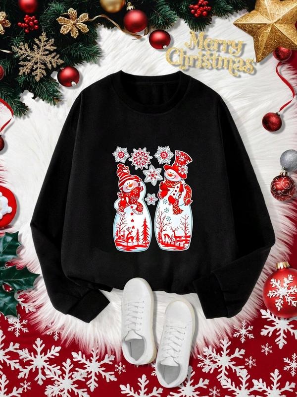 Women'WB shield Christmas Snowman Print Round Neck Pullover, Casual Long Sleeve Crew Neck Sweatshirt for Fall & Winter,...