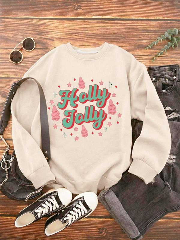 Women'WB shield Christmas TNF "Holly Jolly" Print Drop Shoulder Round Neck Sweatshirt, Comfort Casual Longsleeves...