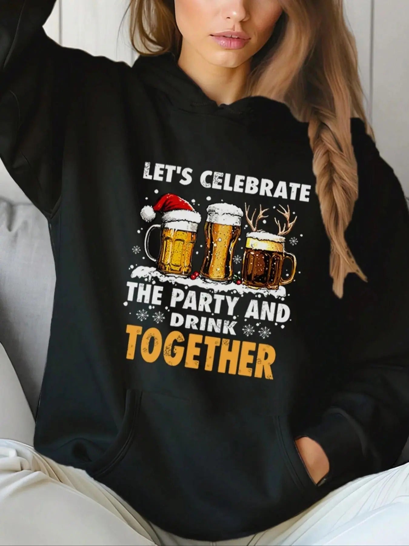 Women'WB shield Christmas TNF Beer & Letter Print Drawstring Pocket Hoodie, Casual Long Sleeve Hooded Sweatshirt for Fall...