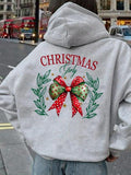 Women'WB shield Christmas TNF Bow Print Drop Shoulder Drawstring Hoodie, Casual Long Sleeve Kangaroo Pocket Hooded...