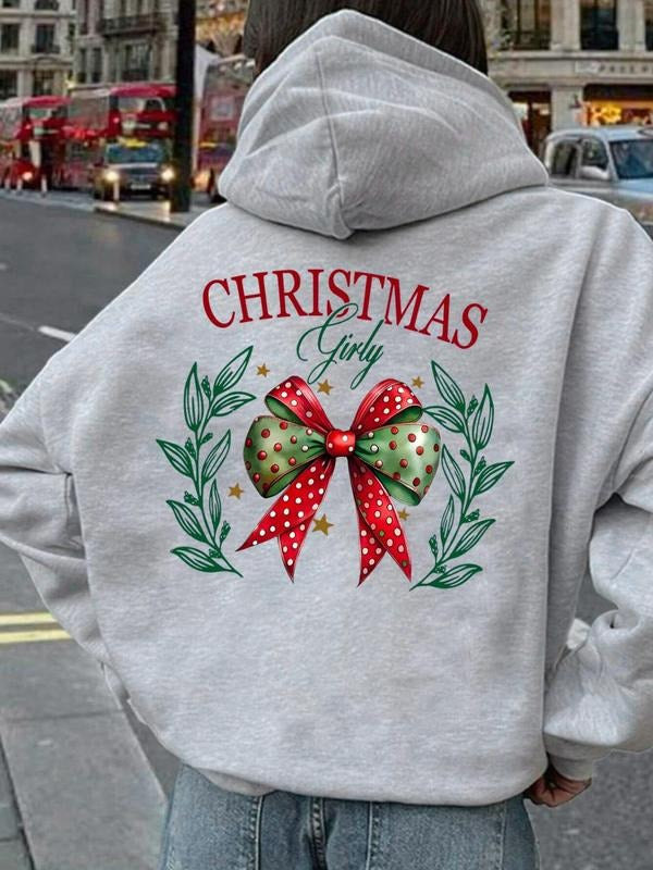 Women'WB shield Christmas TNF Bow Print Drop Shoulder Drawstring Hoodie, Casual Long Sleeve Kangaroo Pocket Hooded...
