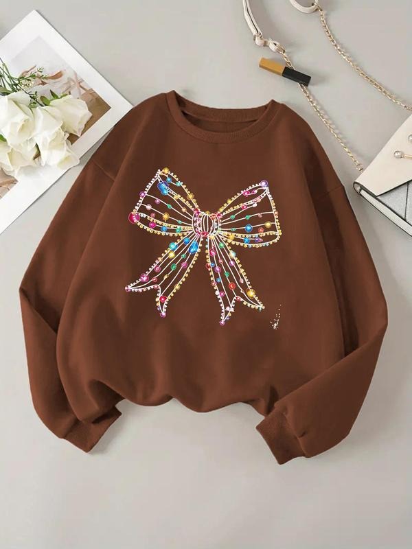Women'WB shield Christmas TNF Bow Print Drop Shoulder Sweatshirt, Casual Long Sleeve Round Neck Pullover for Daily Wear,...