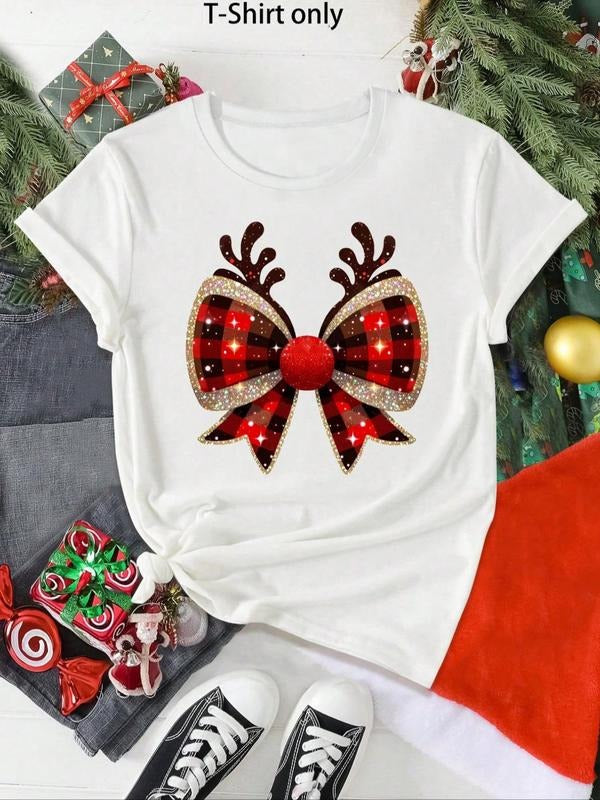 Women'WB shield Christmas TNF Bow Print Round Neck Tee, Casual Short Sleeve Crew Neck T-shirt for Summer, Fashion...