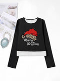 Women'WB shield Christmas TNF Cartoon & Letter Print Round Neck TNF Lined T-shirts, Casual Long Sleeve Crew Neck T-shirts...