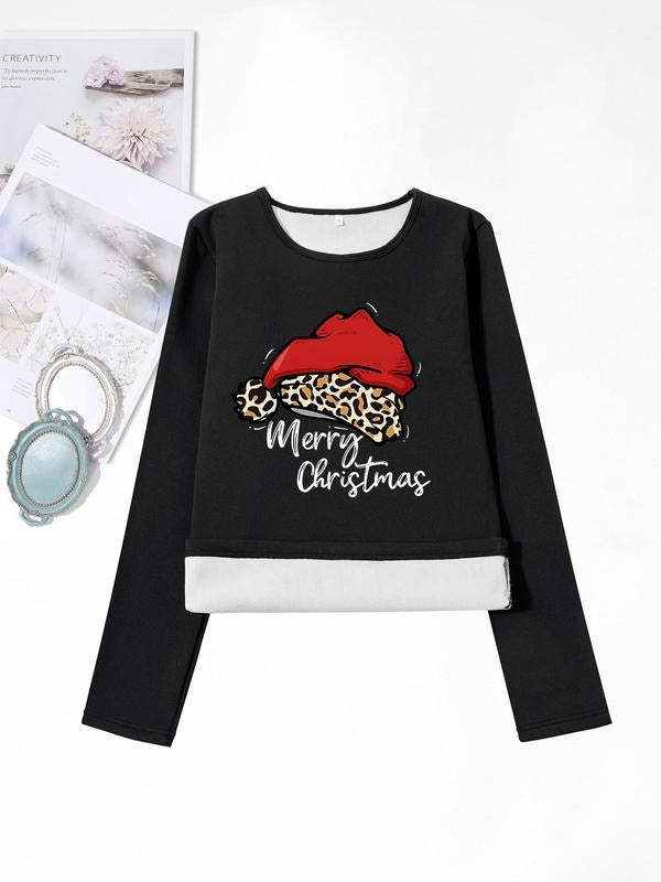 Women'WB shield Christmas TNF Cartoon & Letter Print Round Neck TNF Lined T-shirts, Casual Long Sleeve Crew Neck T-shirts...