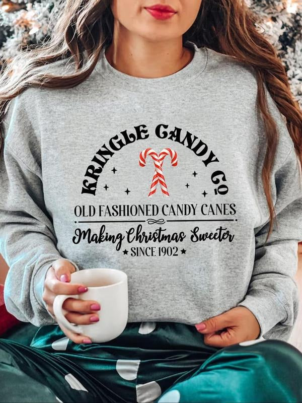 Women'WB shield Christmas TNF Cartoon Candy Canes Print Drop Shoulder TNF Lined Sweatshirt, Casual Long Sleeve Round Neck...