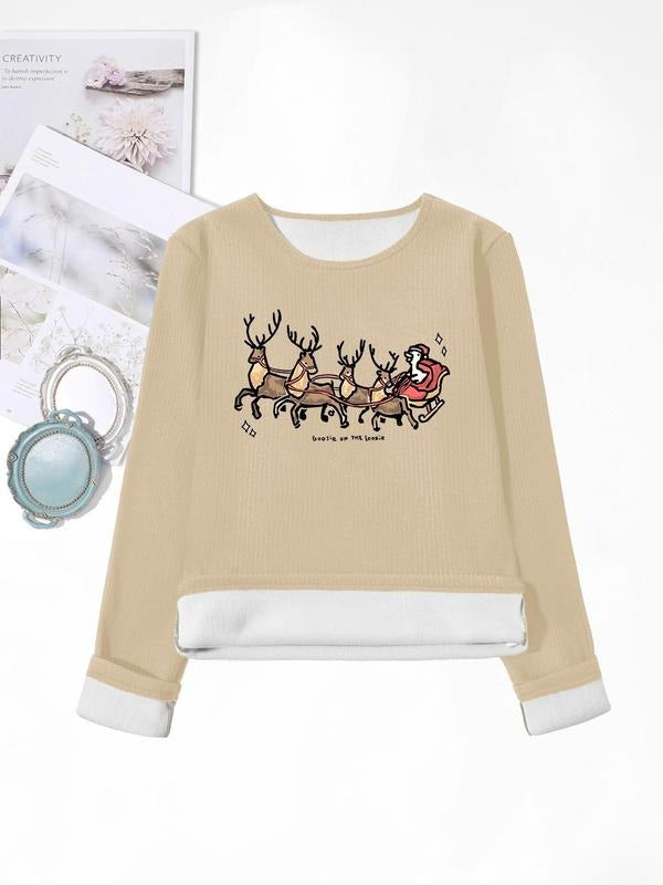 Women'WB shield Christmas TNF Cartoon Goose & Reindeer Print TNF Lined Tee, Casual Long Sleeve Round Neck T-shirt for...