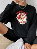 Women'WB shield Christmas TNF Cartoon Santa Claus Print Drop Shoulder Fleece Pullover, Casual Long Sleeve Crew Neck...