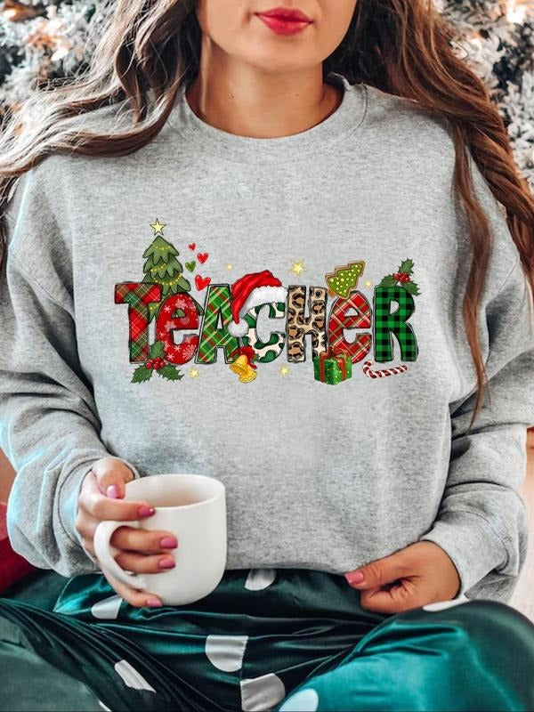 Women'WB shield Christmas TNF Cartoon Tree & Letter Print Crew Neck Sweatshirt, Casual Long Sleeve Pullover for Daily...