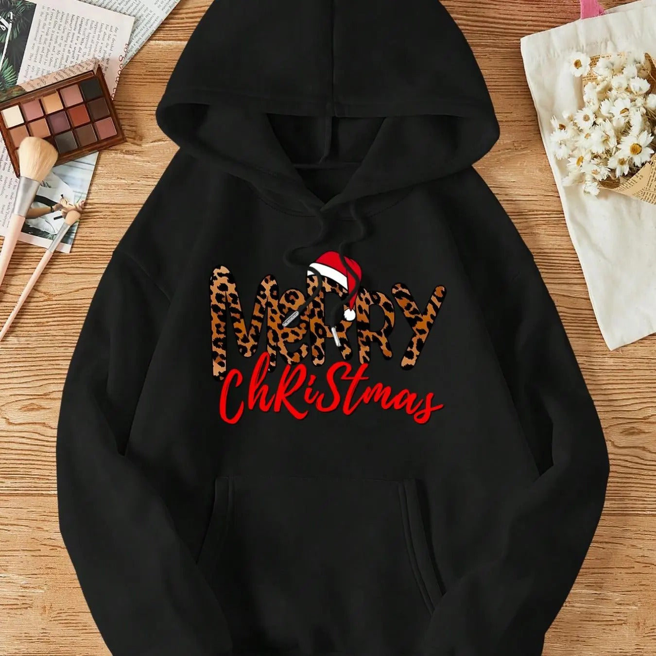 Women'WB shield Christmas TNF Leopard Letter Print Hoodie, Fashion Casual Slogan Printed Hooded Sweatshirt for Daily...