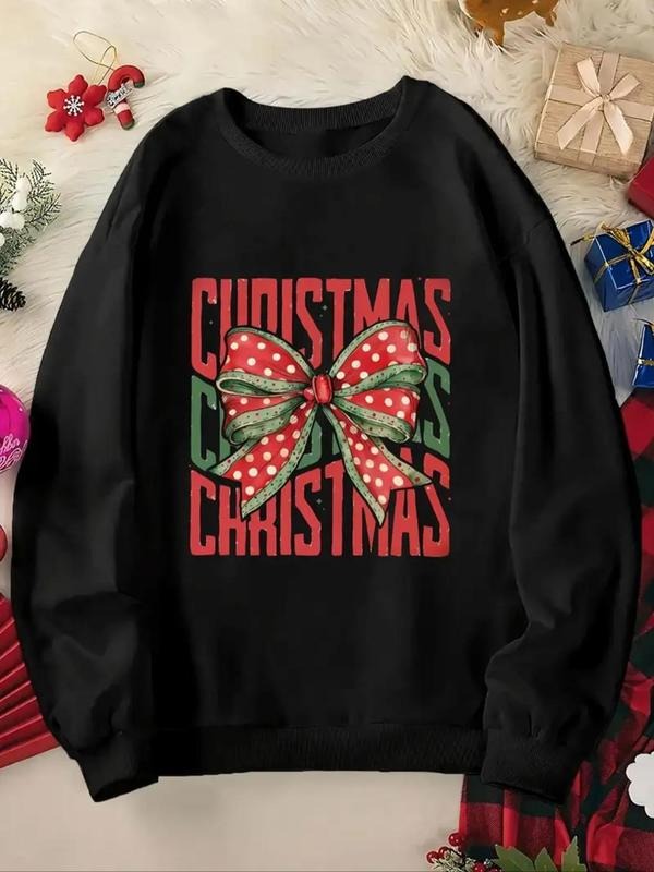 Women'WB shield Christmas TNF Letter & Bow Print Crew Neck Sweatshirt, Casual Long Sleeve Pullover for Daily Wear, Ladies...