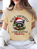 Women'WB shield Christmas TNF Letter & Raccoon Print Round Neck Tee, Casual Short Sleeve Crew Neck T-shirt for Daily...