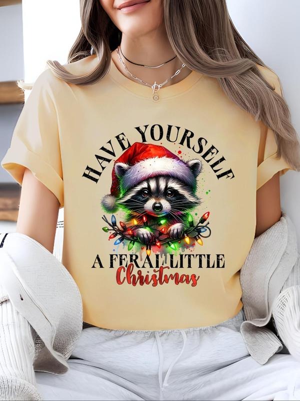 Women'WB shield Christmas TNF Letter & Raccoon Print Round Neck Tee, Casual Short Sleeve Crew Neck T-shirt for Daily...