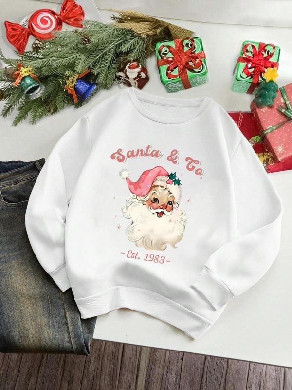 Women'WB shield Christmas TNF Letter & Santa Claus Print Drop Shoulder Sweatshirt, Casual Long Sleeve Round Neck Pullover...