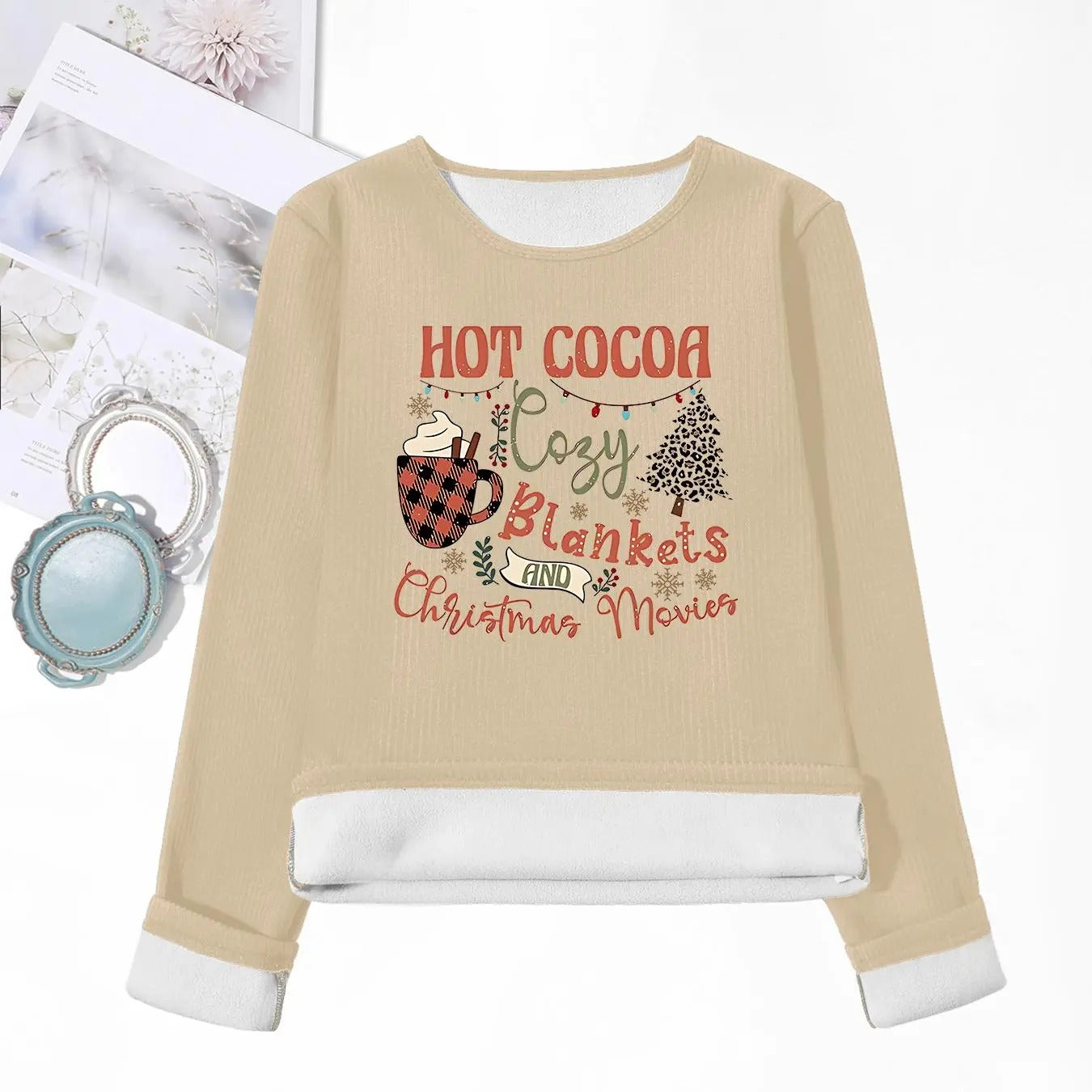 Women'WB shield Christmas TNF Letter Graphic TNF Lined Tee, Casual Long Sleeve Round Neck T-shirt for Fall & Winter,...