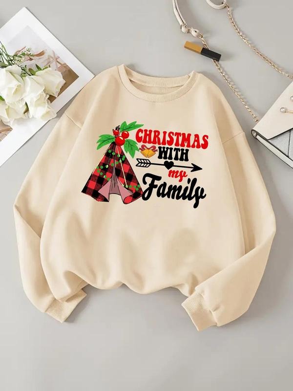 Women'WB shield Christmas TNF Letter Print Drop Shoulder Sweatshirt, Casual Long Sleeve Round Neck Pullover for Daily...