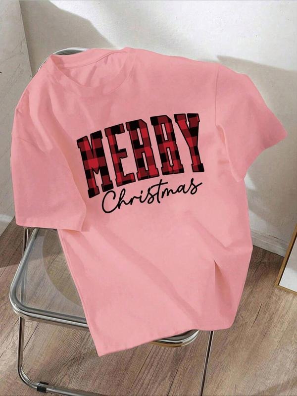 Women'WB shield Christmas TNF Plaid Letter Print Round Neck Tee, Casual Short Sleeve Crew Neck T-shirt for Daily Wear,...