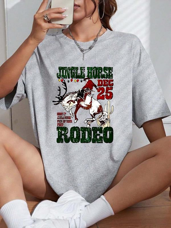Women'WB shield Christmas TNF Print Drop Shoulder Tee, Casual Half Sleeve Round Neck T-shirt for Daily Wear, Ladies TNF...