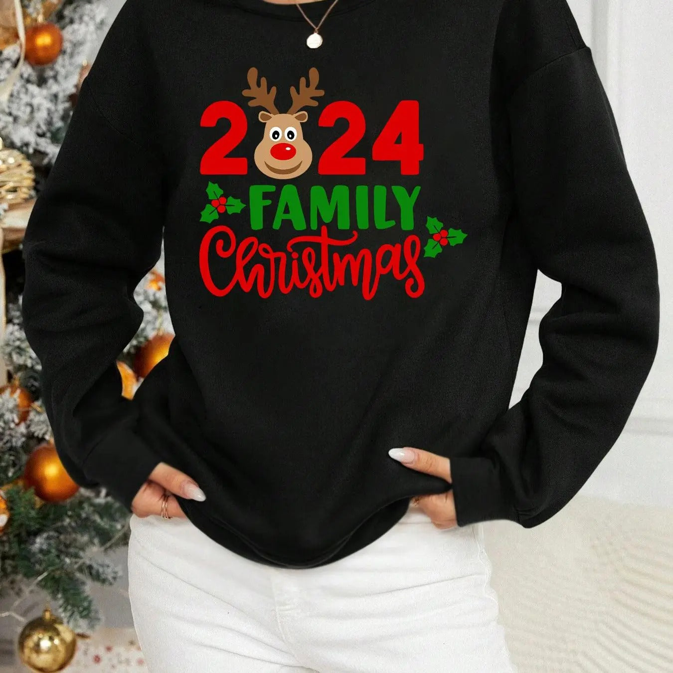 Women'WB shield Christmas TNF Reindeer & Letter Print Drop Shoulder Sweatshirt, Casual Long Sleeve Round Neck Pullover...