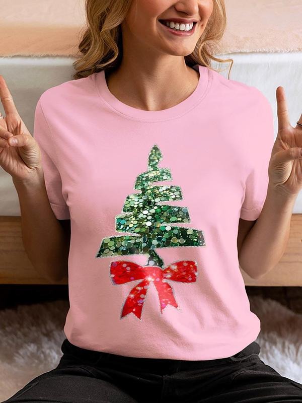 Women'WB shield Christmas Tree & Bow Pattern Round Neck Tee, Casual Short Sleeve Crew Neck T-shirt for Spiky hair...